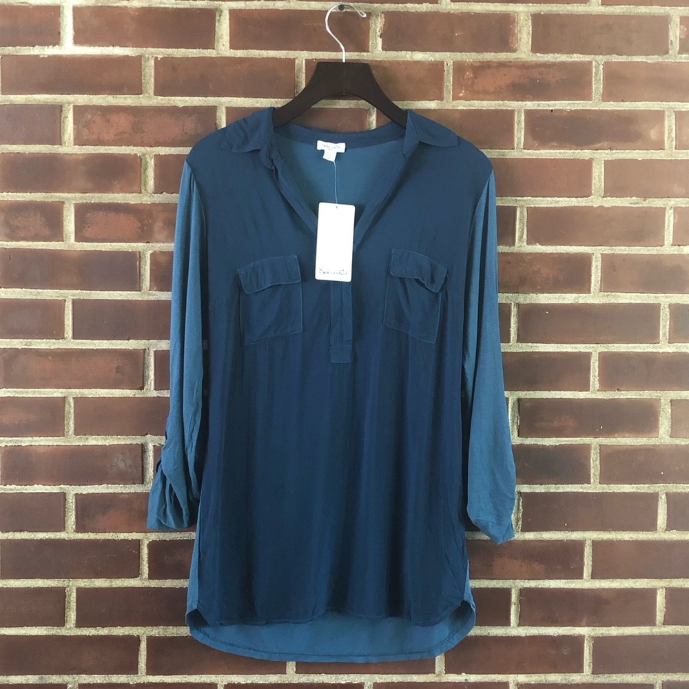 Splendid long sleeve roll tab 3/4 sleeve tunic polo top shirt collar blue small